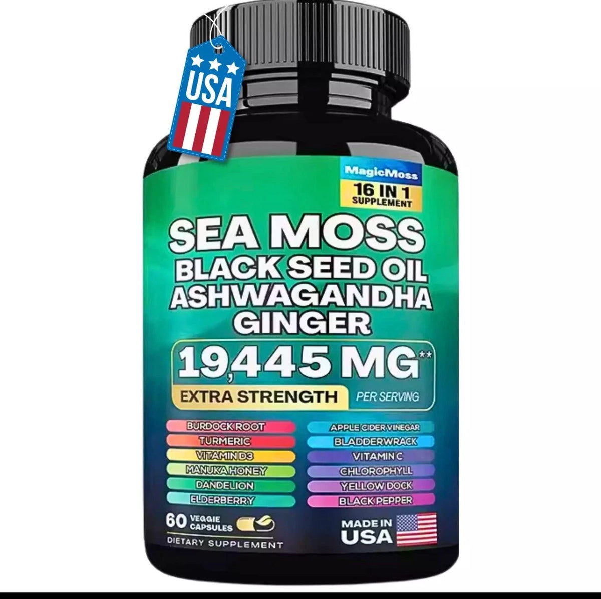 60 cap Sea Moss, Black Seed Oil, Ashwagandha, Turmeric, Ginger (16 in 1 Multivitamin)