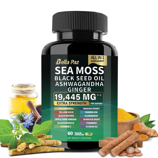 120 cap Sea Moss 7000 mg Black Seed Oil 4000 mg Ashwagandha 2000 mg Turmeric 2000 mg 120 Cap