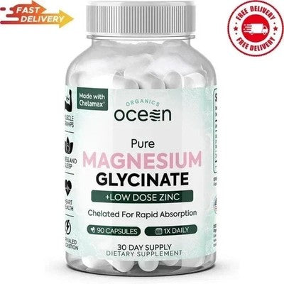 Organics Ocean Pure Magnesium Glycinate with Zinc - Maximum Strength Chelated Magnesium Supplement for Women and Men for Muscle Cramps and Sleep Support - 90 Capsule